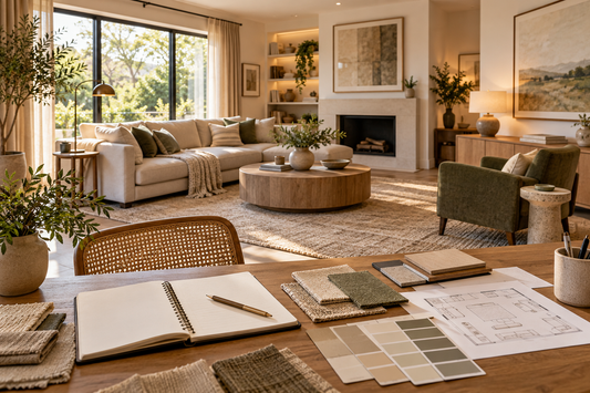 Salón diseñado con paleta de colores, materiales y plano de distribución