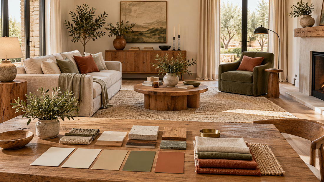Paleta de colores neutros, verde oliva y terracota aplicada en la decoración de una sala