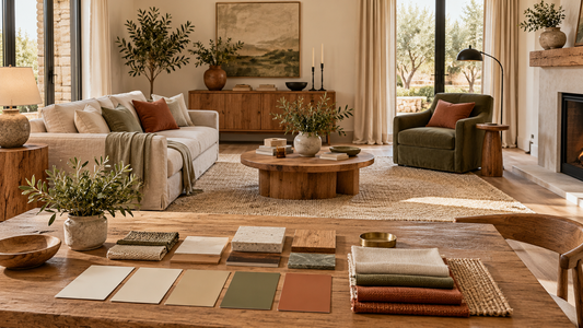 Paleta de colores neutros, verde oliva y terracota aplicada en la decoración de una sala