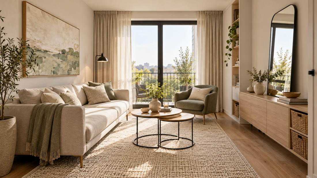 Sala pequeña decorada para parecer más amplia con muebles ligeros, espejo y luz natural