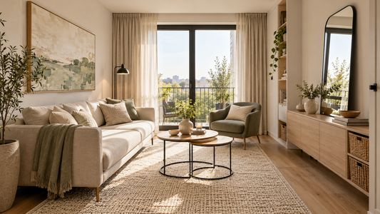 Sala pequeña decorada para parecer más amplia con muebles ligeros, espejo y luz natural