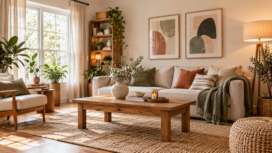 Sala acogedora decorada con poco dinero mediante textiles, plantas y muebles reutilizados